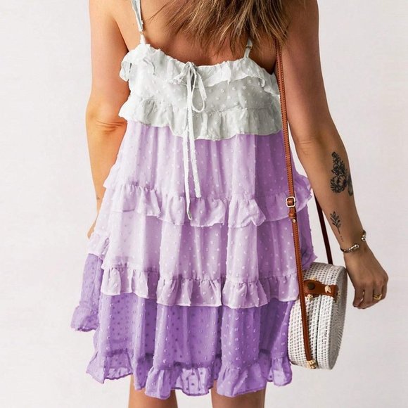 Multicolor Boho Womens Swiss Dot Ruffle Trim Layered Hem Cami Dress - Picture 2 of 5